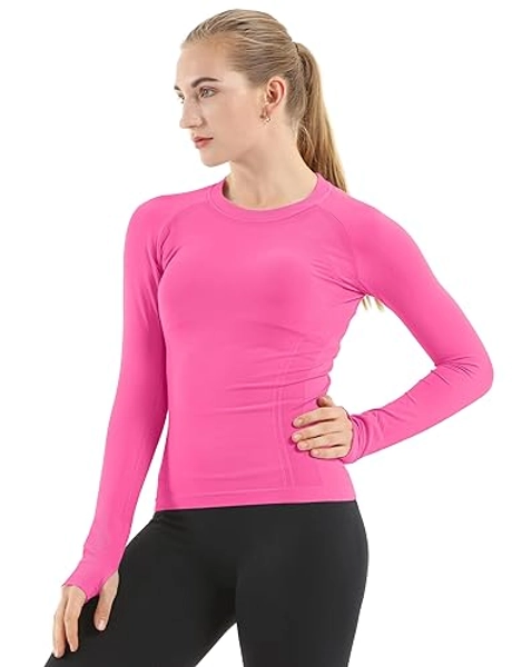 MathCat Seamless Workout Shirts for Women Long Sleeve Yoga Tops Sports Running Shirt Breathable Athletic Top Slim Fit - X-Small - Peach Pink