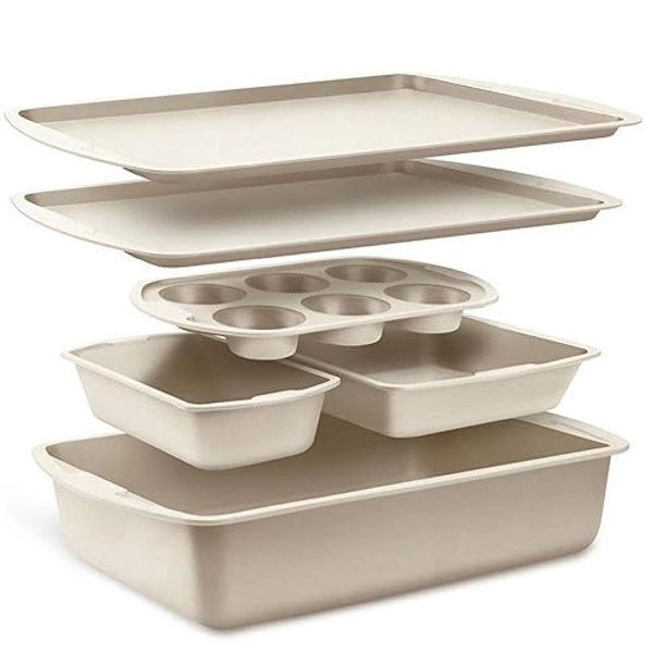Bakken Swiss - Bakeware Set – 6 Piece – Stackable, Deluxe, Non-Stick Baking Pans for Professional and Home Cooking – Carbon Steel, White Stone Coating - 6 Piece Set - White Marble