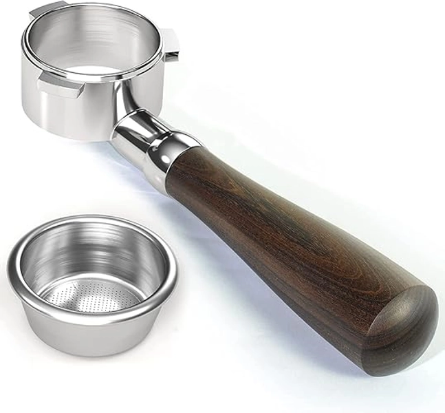 54mm Bottomless Naked Portafilter with 1 Filter Basket, Fits Sage/Breville Barista pro, Sage Bambino Plus, Sage Barista Touch Pro Heavier Natural Wood Handle, One Piece Moulded 304SUS Portafilter