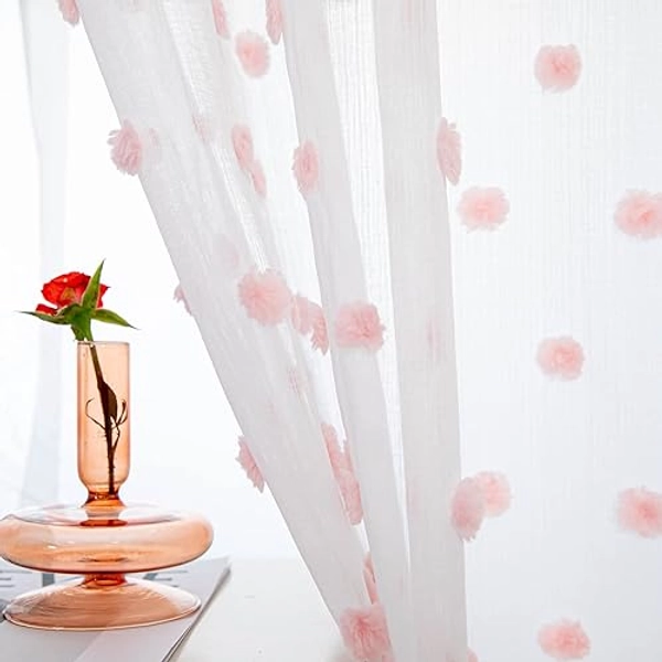 MYSKY HOME 95 Inch Length Long Curtains for Bedroom Pink Pom Pom Sheer Curtains for Living Room Large Sliding Door Curtains for Room Light Filtering Rod Pocket Window Backdrops 52 x 95 in 2 Panels - 52"W x 95"L (Pack of 2) - Pink Pom Pom