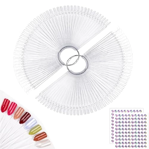 100pcs Fan-shaped Nail Swatch Sticks, False Fake Nail Art Tips Polish Gel Salon Display Practice Tools with Metal Split Ring Holder (Clear) - Clear
