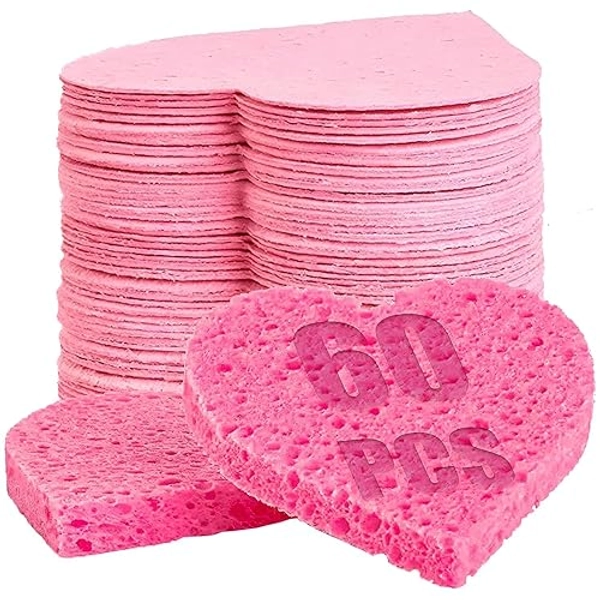 60-Count Compressed Facial Sponges | Makeup Remover Sponges | 100% Natural Cosmetic Spa Sponges for Facial Cleansing | Exfoliating Mask | Face Scrubber | (Heart) - Heart
