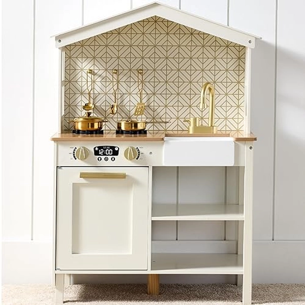 Best Choice Products Pretend Play Wooden Farmhouse Kitchen Set for Kids w/ Toy Storage, Clicking Knobs, Windows, 5 Accessories Included - Cream - Cream
