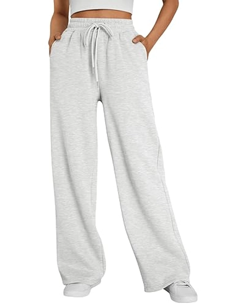 Trendy Queen Womens Wide Leg Sweatpants High Waisted Baggy Lounge Pants Drawstring Athletic Flared Joggers with Pockets - Grey - Medium