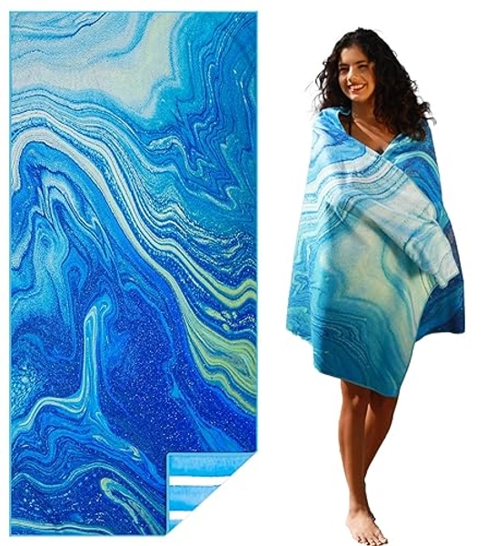 Microfiber Lightweight Beach Towel Sand Free Quick Dry Absorbent Thin Compact Towels for Swimming Pool Camping Beach Accessories Large Easy Pack Travel Things for Vacation Essentials Gift Adult - 32x71 inch - Drift Sand Blue