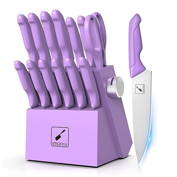 imarku Kitchen Knife Set, Sharp Knife Set with Built-in Sharpener, Stainless Steel Knife Set with Block and Non-Slip Ergonomic Handle, Dishwasher Safe, 14 PCS Professional Knife Set for Gift, Lavender - Purple