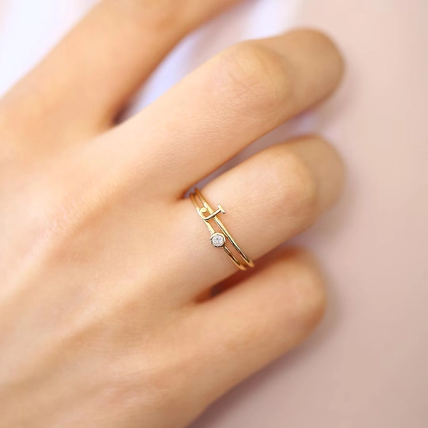 Personalized Initial Letter Ring Set With Bezel Set Solitaire Diamond Ring in 14k Gold /perfect Gift for Mom / Birthstone Available - Etsy