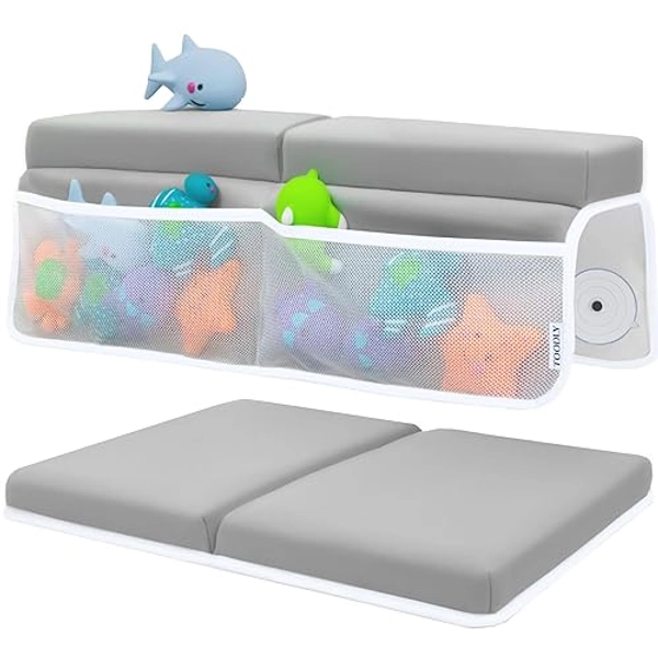 Toodly Baby Bath Kneeler and Elbow Rest Pad Set - Baby Bath Support for Knees and Elbows - Bath Kneeler Pad with Memory Foam and Bath Toys Organizer - Ideal Bath Kneeling Pad for Bathing Baby - Grey - Grey