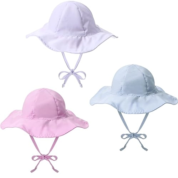 Geyoga 3 Pcs Baby Sun Hat Summer Beach Hat Outdoor Adjustable Floppy Hat with Protection Wide Brim for Boy and Girl - Medium - Blue, White, Pink
