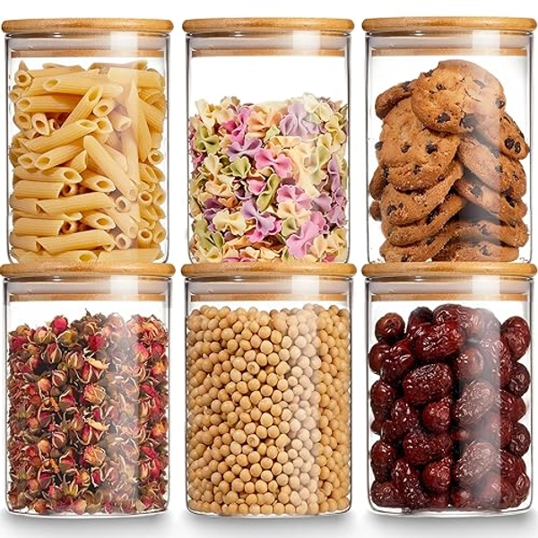 Gencywe Glass Storage Jars with Bamboo Lid, 27 OZ Airtight Food Storage Jar with Labels, Clear Kitchen Canisters for Candy, Cookie, Rice, Coffee Beans, Snacks, Spices