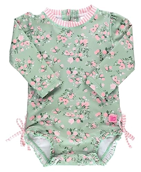 RuffleButts Baby Girls UPF 50+ Sun Protection Floral Printed Long Sleeve One Piece Rash Guard Swimsuit with Zipper - 18-24 Months - Tea Roses