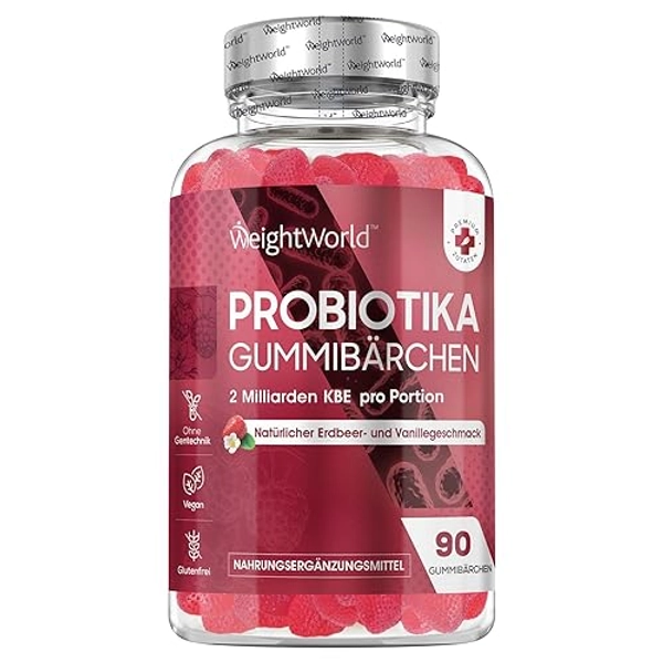 Probiotika Gummibärchen mit Inulin - 90 vegane Stück mit Bakterienstämmen Bacillus Coagulans - Kulturen Komplex - 2 Milliarden KBE - Natürlicher Erdbeeren- & Vanillegeschmack - WeightWorld