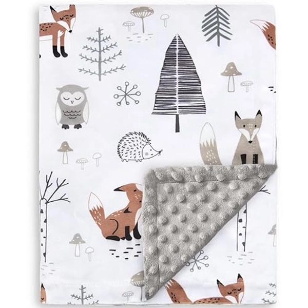 HOMRITAR Baby Blanket for Boys Girls Soft Plush Minky Blanket with Double Layer Dotted Backing for Toddler with Forest Foxes Multicolor Printed 30 x 40 Inch (75 x 100 cm) - Animals - 30 x 40 Inch (Pack of 1)