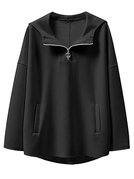 ANRABESS Womens Oversized Hoodie Quarter Zip Sweatshirts 2024 Fall Tunic Pullover Top Winter Trendy Teen Girls Preppy Clothes - Large - Black