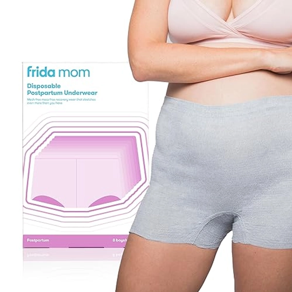 Frida Mom Women's Postpartum Underwear, Disposable Boyshort Underwear, Seamless with Stretchy Support, Postpartum Essentials, Size Regular (Waist 28"-42" Stretched), 8 Count, Grey - Regular (Waist 28"-42" stretched)