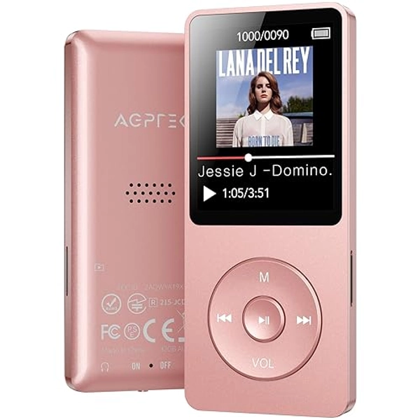 AGPTEK A02 MP3 Player with Bluetooth 5.3, 1.8 inch Screen Portable Music Player with Speaker, FM Radio, Voice Recorder, Supports Expanded Up to 128GB(Rose Gold, 32GB)