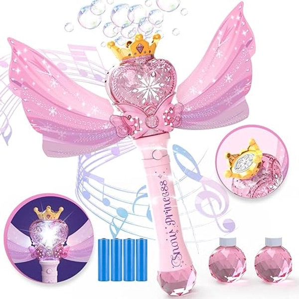 Bubble Wand for Kids Girls - Automatic Bubble Machine with LED Light Music, Include 4 AA Batteries & 2 Bubble Solutions, Outdoor Party Easter Birthday Gifts Toys for Ages 3+ Years Old - Pink - Princess