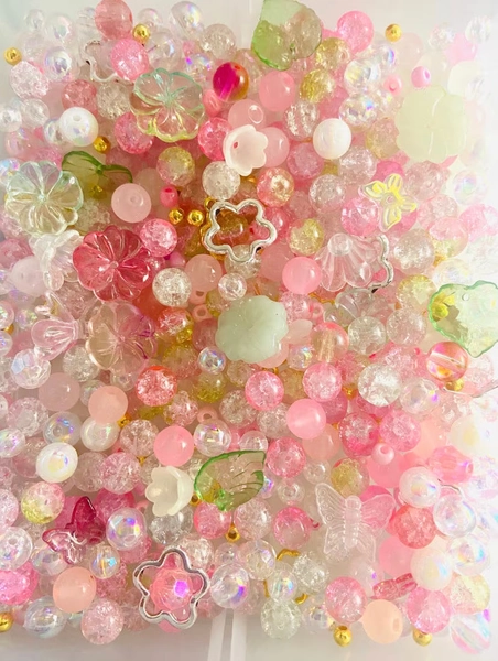 Glass Bead Mix-Pink Fairy Garden, 2mm-18mm Pink Fairycore Glass Acrylic Beads, Bead Soup, Bead Confetti