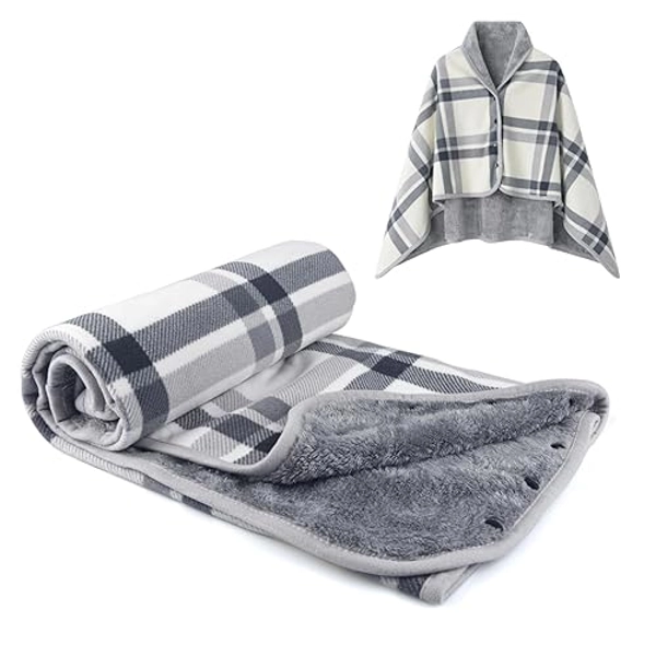 forestfish Fleece Wearable Blanket, Plaid Lap Blanket Comfy Poncho Throw with Buttons for Bed Sofa Office, Grey-White - Medium(55”x39”) - Grey-white