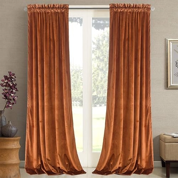 Roslynwood Home Velvet Bright Orange Curtain 84 inch - Heavy Duty Curtains Energy Efficient Block Light Rod Pocket Drapes Window Covering Set for Home Theatre/Living Room, 52Wx84L Orange/2 Panels - 52"W x 84"L (Pack of 2) - Orange