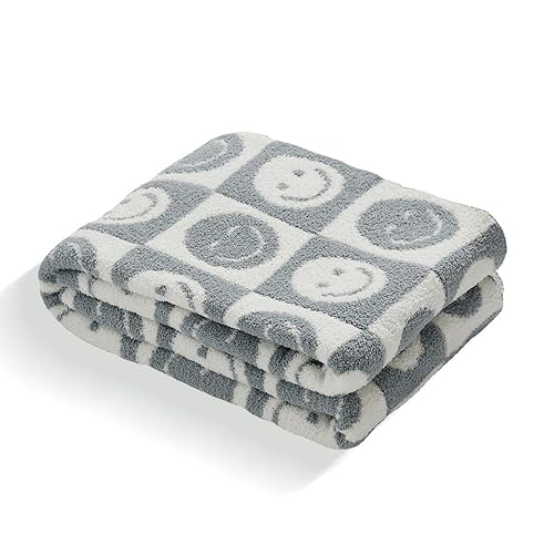 Throw Blankets with Smiley Faces Checkered Reversible Soft Cozy Warm Baby Blanket for Bed Sofa Travel (Grid Smile,Slate Gray,51"x63") - Slate Gray - 51"x63" | Large Throw
