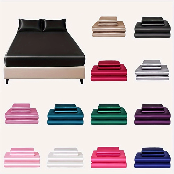 3pcs Satin Bedding Set, 100% Polyester, Skin-Friendly Soft & Smooth Fabric, Includes 1 Fitted Sheet and 2 Pillowcases (No Insert), Machine Washable, Non-Shrink, No Static, Ideal for Dorm & Home Use, All-Season Comfort, 80-85g Fabric Weight, 11.81-13.39inch Fitted Sheet Depth