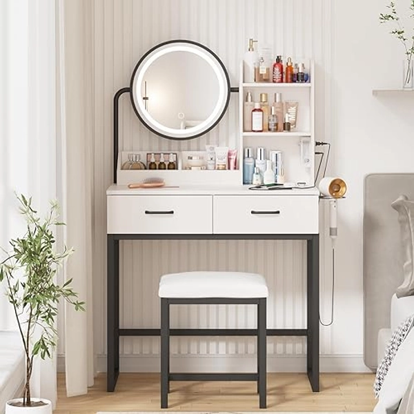Vabches Makeup Vanity with Round Mirror and Lights, White Vanity Makeup Table with Charging Station, Small Vanity Table for Bedroom, 3 Lighting Modes, 31.5in(L) - White and Black with charging - 15.75*31.5*53.6in