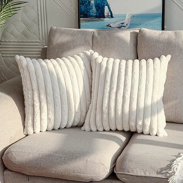DEELAND Pack of 2,Double-Sided Faux Fur Plush Decorative Throw Pillow Covers Fuzzy Striped Soft Pillowcase Cushion Covers for Sofa Couch Bedroom Home, Cream White - Cream White - 18" x 18" (Pack of 2)