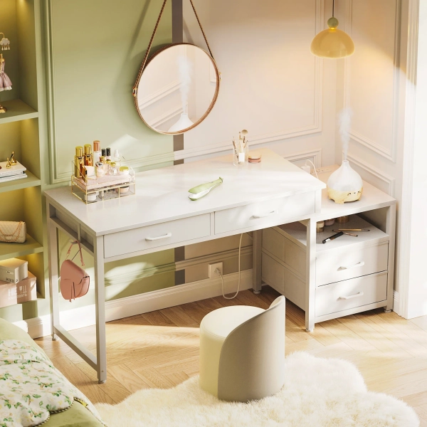 Ebern Designs Rectangular Desk With Cabinet,computer Desk With Built-in Outlets,reversible Desk Fabric Drawers,home Office Desk With Shelf | Wayfair