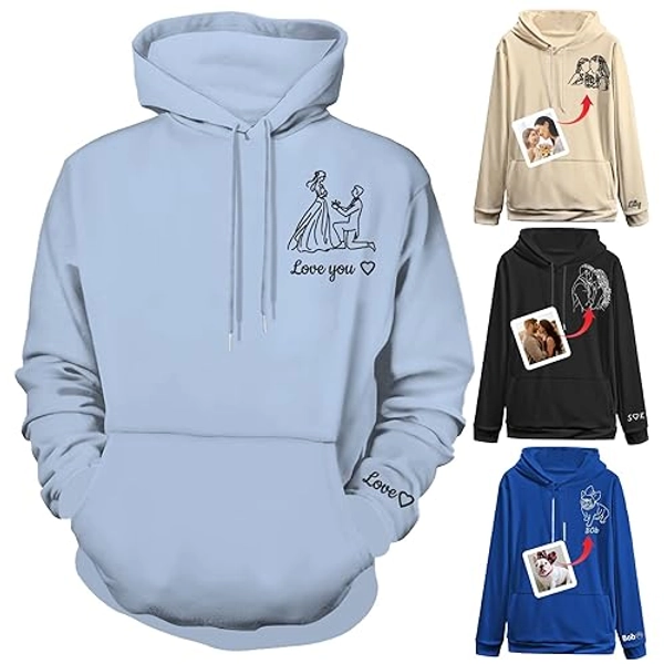 Xihedfd Personalisierter Hoodie Individuelle Sweatshirts mit Foto Namen Kapuzenpullover Porträt aus Bild Geburtstag Männer Frauen - Babyblau - S
