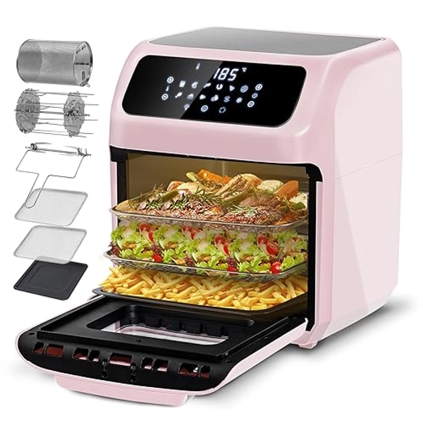 LLIVEKIT 12L Air Fryer Oven with Rotisserie, Family Sized Air Fryer with 12 Presets, Electric Mini Oven, Oil Free Air Fryer, 90-Minute Timer, Cookbook, 6 Accessories, 1800W, Pink - Pink