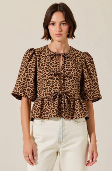 Peplum Top with Front Tie Closures and Short Puff Sleeves