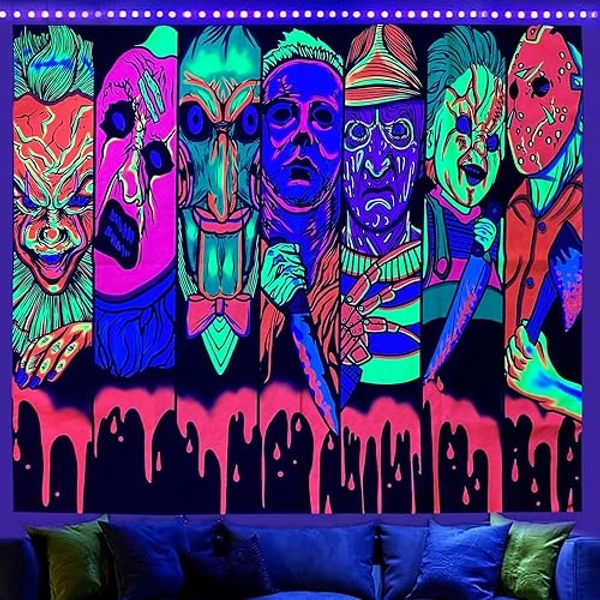 Jhdstore Blacklight Horror Face Tapestry UV Reactive Tapestries Wall Hanging Glow in The Dark Party Backdrop Tapestry for Bedroom Living Room - 29" x 37" - 2025 Horror More - 95L x 73W cm