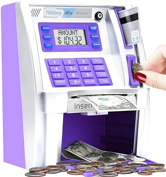 Fishboy ATM Piggy Bank for Kids with Power-Off Memory and Debit Card for Real Money, Onekey Shutdown, Coin Recognition, Target Setting, Bill Feeder, Balance Calculator, Electronic Savings Machine Box - Silver/Purple
