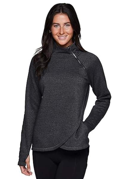 RBX Activewear Women's Fleece Sweatshirt Fashion Pullover With Pockets, Zip Mock Neck and Thumb Holes - F19 Charcoal - Large