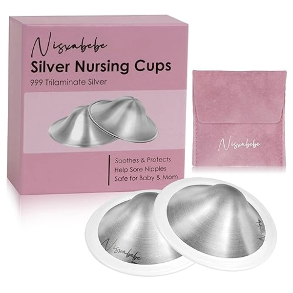 Nisxabebe The Original Silver Nursing Cups-Nipple Shields for Breastfeeding Newborn-Breast Feeding Essentials Must Haves-Nipple Covers to Protect Nursing Nipples,Trilaminate 999 Silver,Regular Size - Standard Size+Silicone Rings