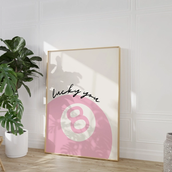 Lucky You 8 Ball Print, Trendy Pink Girly Art, Pink Wall Prints, Preppy Artwork, Bedroom Dorm Room Print