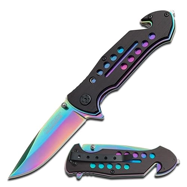Tac-Force- Folding Pocket Knife – Rainbow TiNite Coated Drop Point Blade and Liner, Black Aluminum Handle w/Rope Cutter, Glass Punch, and Pocket Clip, Tactical, EDC, Rescue - TF-509