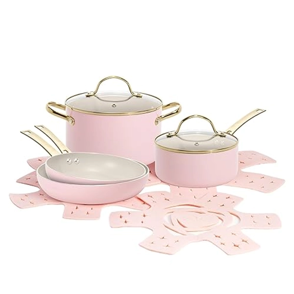 Paris Hilton – Kochgeschirr-Set 10-teilig – Aluminium & Keramik Antihaft-Beschichtung, Induktionsgeeignet, Spülmaschinenfest, in Pink/Creme/Gold