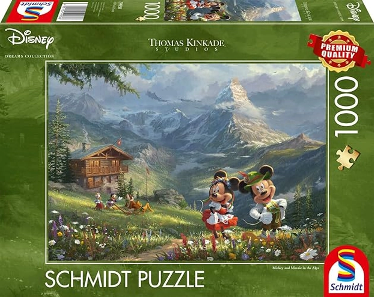 Schmidt Spiele 59938 Thomas Kinkade, Disney, Mickey & Minnie in The Alps, 1000 Piece Jigsaw Puzzle, Multi-Coloured
