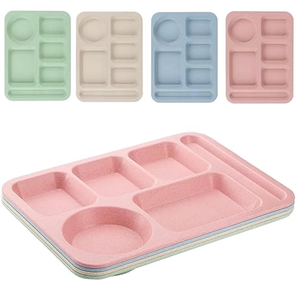 4Pcs Unbreakable Divided Plate,14inch Reusable Plastic Lunch Trays With 6 Compartments,Large Portion Control Plate Serving Meal Plate for Adults,Microwave & Dishwasher Safe For Daily Use,4Colors - 6 Compartments