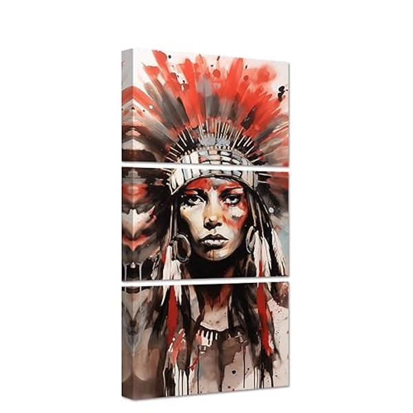 CXHOSTENT Native American Canvas Wall Art 3 Pieces Indian Girl Colorful Feathered Headgear Pictures Print Abstract Woman Painting Decor Frame (Native American - 1, 12x16inchx3Pcs) - 12x16inchx3Pcs - Native American - 1