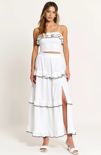 Ruffle Trim Cropped Top and High-Slit Maxi Skirt Outfit Set