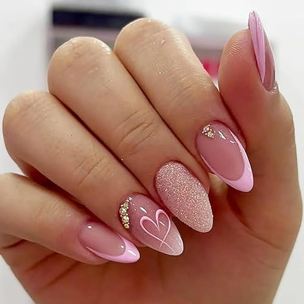 RIICFDD Heart Press on Nails Valentine Press on Nails Short Almond Fake Nails with Pink White Gradient Designs Acrylic Nails Rhinestone Nail Charms Full Cover Glossy Glue on Nails for Women 24 Pcs - Style 6