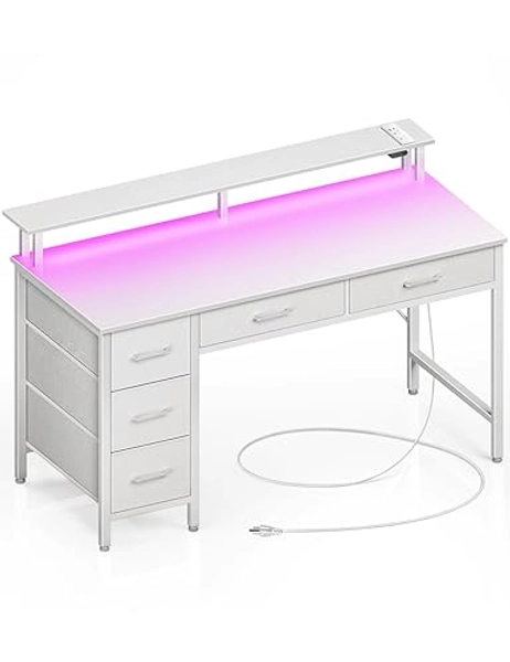 Seventable Computer Desk with Power Outlets & LED Light, 39 inch Home Office Desk with 5 Drawers, Writing Desk with Monitor Stand, Work Desk for Home Office, White - White - 39 inch