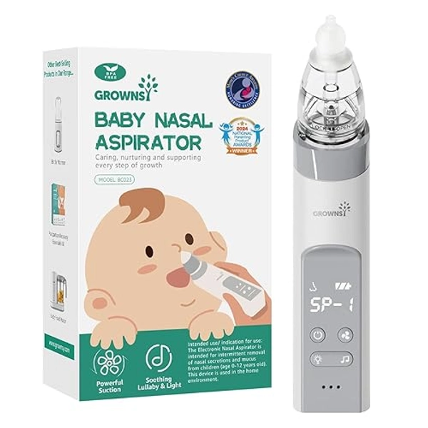 GROWNSY Nasal Aspirator for Baby, Baby Nose Sucker Pro with 3 Soft Silicone Tips, Adjustable Suction, Electric Nose Suction for Baby, Built-in Music & Light Soothing - Grey