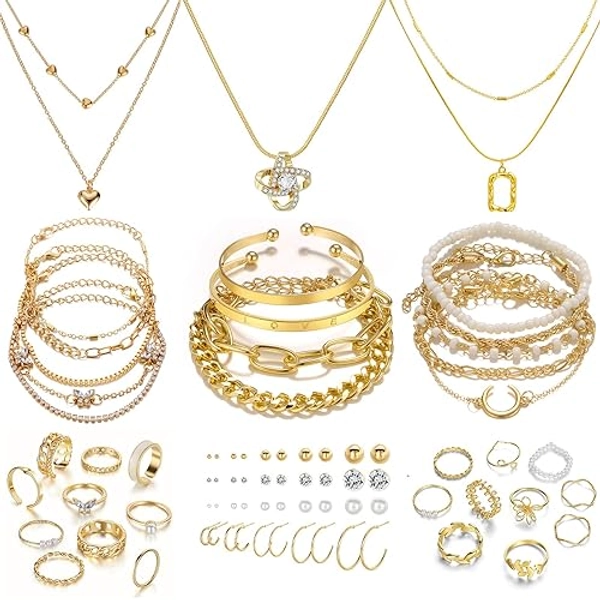 IFKM 36 PC Gold Plated Jewelry Set with 4 Necklace, 11 Bracelet, 7 Ear Cuffs Earring, 14 Knuckle Rings for Women Girls Valentine Anniversary Birthday Friendship Gift - Gold
