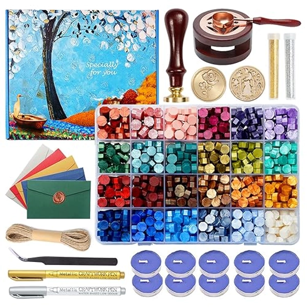 Comealltime Wax Seal Kit with Gift Box, 624 Pcs Wax Seal Beads with 2 Pcs Wax Seal Stamps, Sealing Wax Warmer, Wax Seal Metallic Pen, Envelope, Candles, Wax Seal Stamp Kit for Gift and Craft - Wax Seal Kit