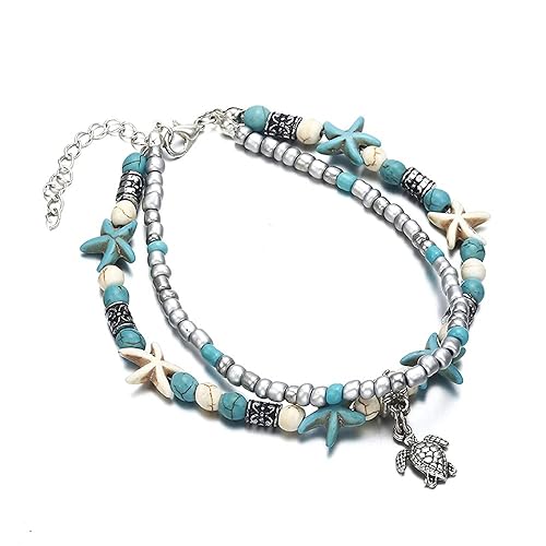 Softones Blue Starfish Turtle Anklet Multilayer Charm Beads Sea Handmade Boho Anklet Foot Jewelry for Women - A:Turtle 1
