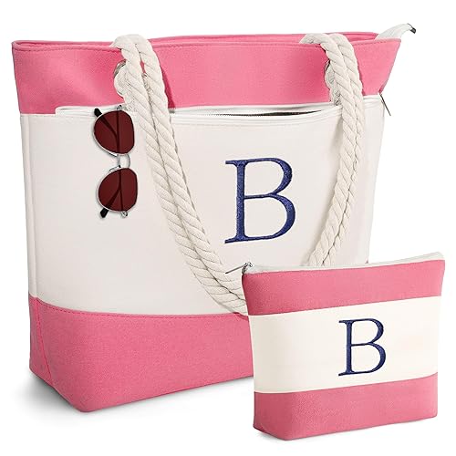 YOOLIFE Personalized Canvas Initial Beach Tote Bag with Makeup Bag Travel Essentials Beach Gifts Birthday Gifts for Women Her - Pink - B